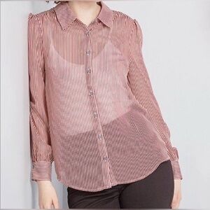 ModCloth Women's Striped Button Front Blouse Size 1X Red Cream Sheer